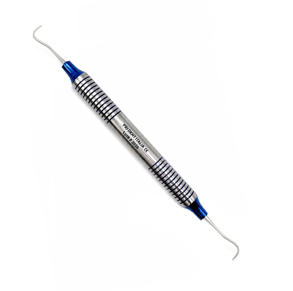 A stainless steel dental explorer kit tool with blue plastic handles and wire tips, shown diagonally on a plain white background.
