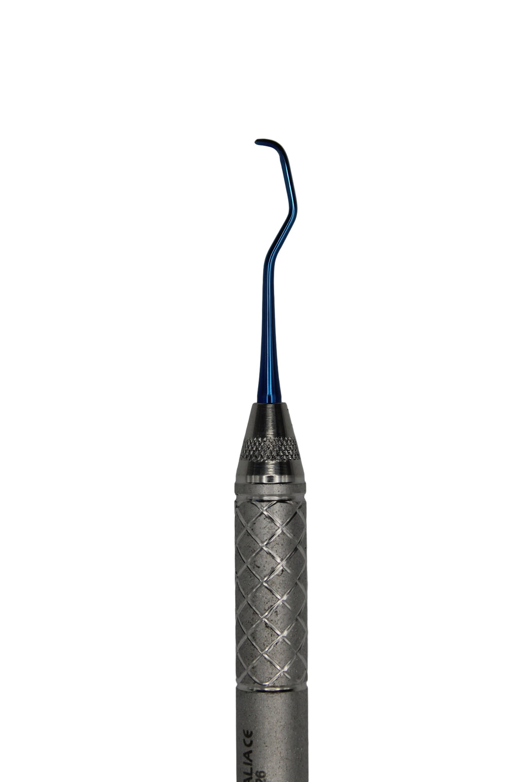 A dental hand instrument with a curved blue steel tip and a textured silver metal handle, shown on a plain light gray background.